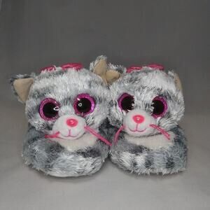 TY Kiki Kitty Kitten Slippers Grey Tiger Cat Pink Bows Youth Size Small 10/11